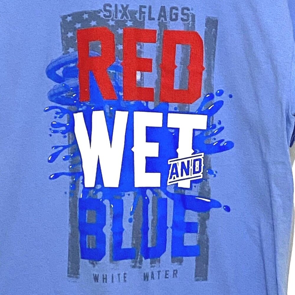 Six‎ Flags Red Wet and Blue White Water T-Shirt L Blue Theme Amusement Park